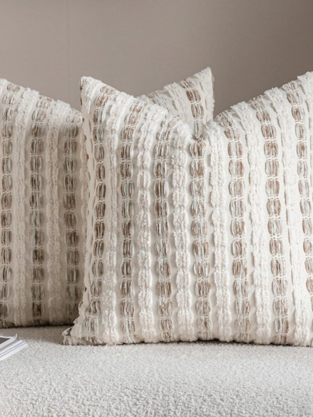 Beige Striped Chenille Boho Throw Pillow Covers 18x18 Inch Set of 2